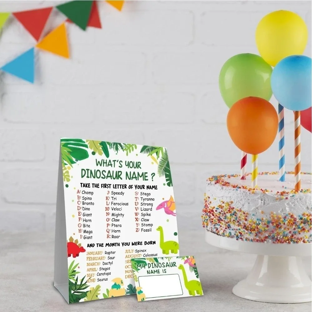 Your Dinosaur Name Game, Game Sign and 30 Cards, Dinosaur Birthday Party